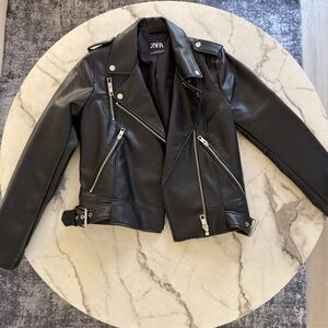 Zara faux leather black biker jacket size S